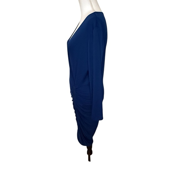 BCBGMaxAzria Navy Blue Long Sleeve V Neck Ruched Evening Midi Dress Size Large - Picture 7 of 10